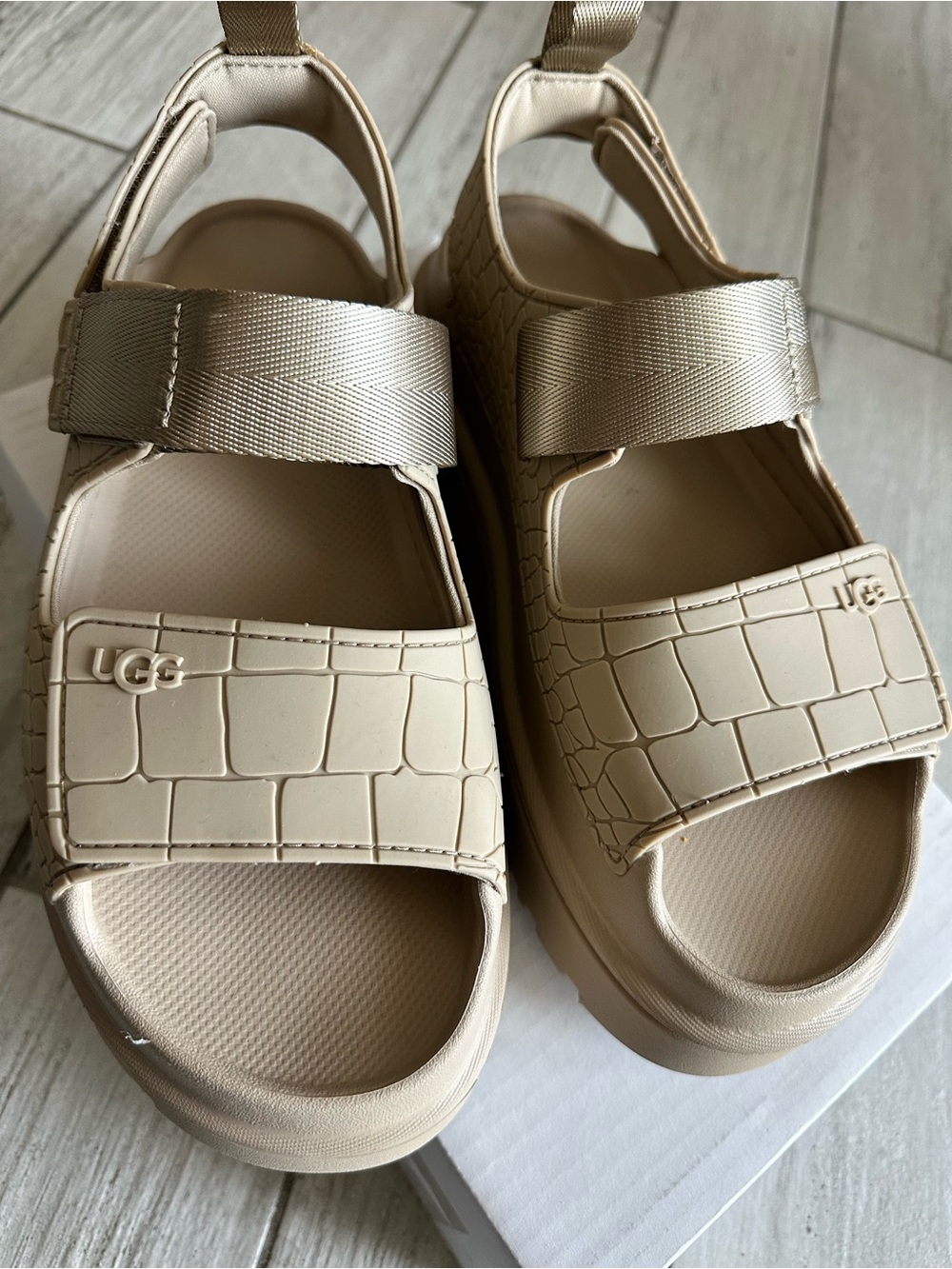 UGG Cream Croc-Embossed Platform Strap Sandals